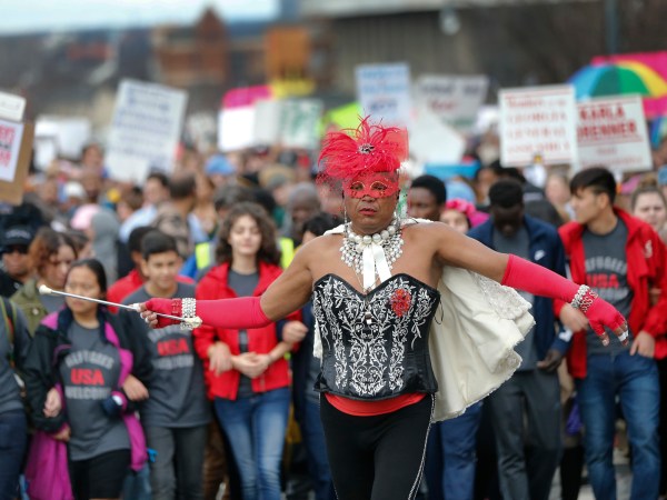 Demonstrators march Saturday, Jan. 21, 2017, in Atlanta. Thousands of people marched through Atlanta one day after President Donald Trump's inauguration. (AP Photo/John Bazemore)