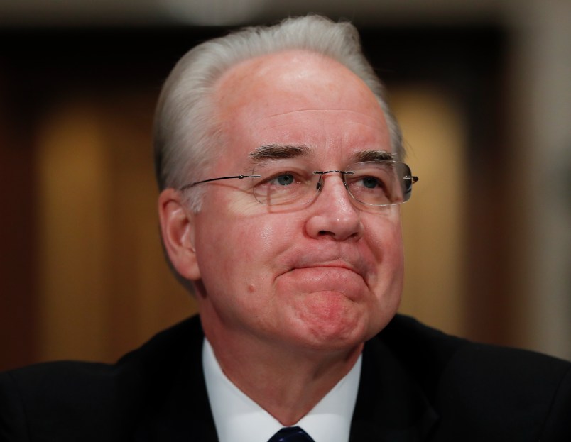 Secretary of Health and Human Services-designate, Rep. Tom Price, R-Ga., pauses on Capitol Hill in Washington, Wednesday, Jan. 18, 2017, at his confirmation hearing before the Senate Health, Education, Labor and Pensions Committee. (AP Photo/Carolyn Kaster)