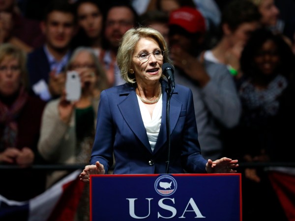 Betsy DeVos, selected for Education Secretary by President-elect Donald Trump speaks during a rally, in Grand Rapids, Mich., Friday, Dec. 9, 2016. (AP Photo/Paul Sancya)