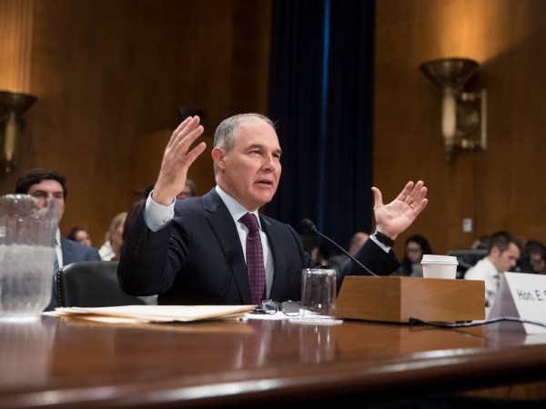Scott Pruitt, President-elect Donal Trump’s nominee to run the Environmental Protection Agency, testifies at his confirmation hearing before the Senate Environment and Public Works Committee on Capitol Hill in Washington, Wednesday, Jan. 18, 2017. The nomination of Pruitt, currently Oklahoma’s attorney general, to lead the EPA is being fiercely opposed by environmental groups that point to fundraising ties with corporations he has sued to protect. (AP Photo/J. Scott Applewhite)