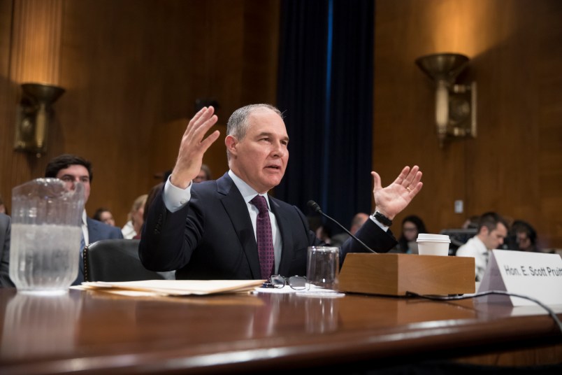 Scott Pruitt, President-elect Donal Trump’s nominee to run the Environmental Protection Agency, testifies at his confirmation hearing before the Senate Environment and Public Works Committee on Capitol Hill in Washington, Wednesday, Jan. 18, 2017. The nomination of Pruitt, currently Oklahoma’s attorney general, to lead the EPA is being fiercely opposed by environmental groups that point to fundraising ties with corporations he has sued to protect. (AP Photo/J. Scott Applewhite)