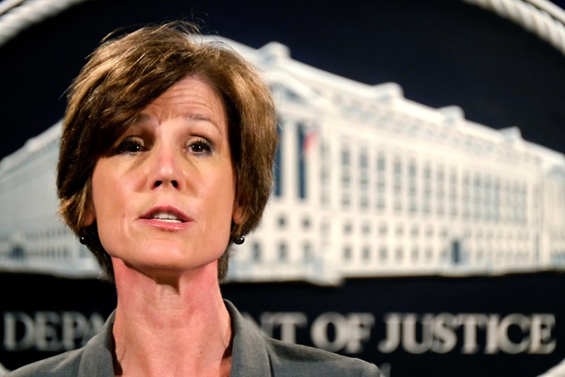Deputy Attorney General Sally Yates announces a settlement with Volkswagen during a press conference at the Justice Department Tuesday, June 28, 2016. (AP Photo/J. David Ake)