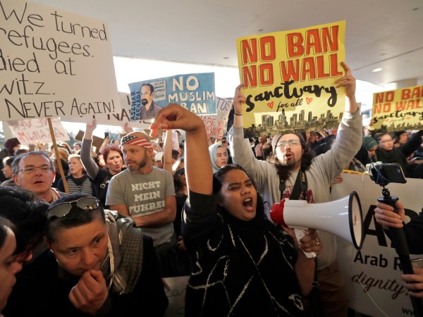 Protesters gather at San Francisco International Airport to denounce President Donald Trump's executive order that bars citizens of seven predominantly Muslim-majority countries from entering the U.S.  Saturday, Jan. 28, 2017, in San Francisco.  (AP Photo/Marcio Jose Sanchez)
