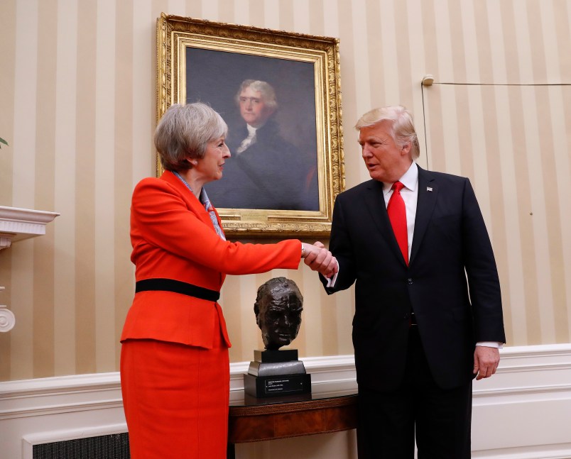 President Donald Trump greets and British Prime Minister Theresa May in the Oval Office of the White House in Washington, Friday, Jan. 27, 2017. (AP Photo/Pablo Martinez Monsivais)