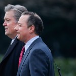 Chief White House Strategist Steve Bannon, left, walks with White House Chief of Staff Reince Priebus, right, to Marine One on the South Lawn of the White House in Washington, Friday, Feb. 17, 2017. (AP Photo/Pablo Martinez Monsivais)