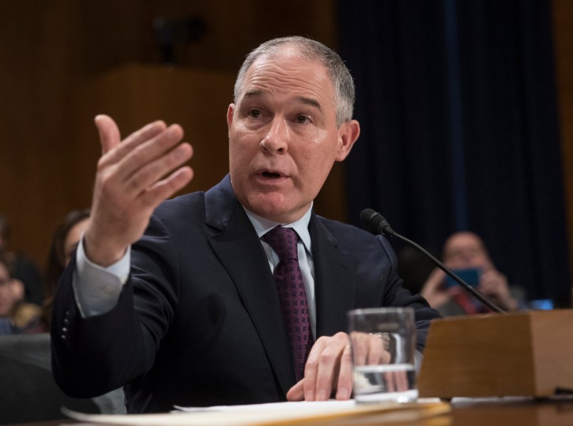 Environmental Protection Agency Administrator-designate, Oklahoma Attorney General Scott Pruitt testifies on Capitol Hill in Washington, Wednesday, Jan. 18, 2017, at his confirmation hearing before the Senate Environment and Public Works Committee.  (AP Photo/J. Scott Applewhite)