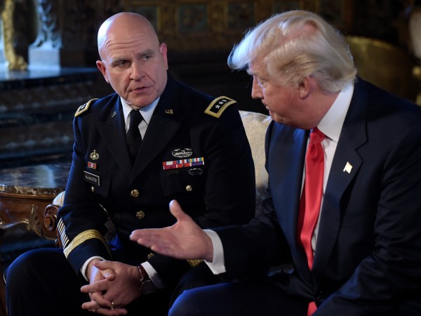 President Donald Trump, right, reaches out to shake hands with Army Lt. Gen. H.R. McMaster, left, at Trump's Mar-a-Lago estate in Palm Beach, Fla., Monday, Feb. 20, 2017, where Trump announced that McMaster will be the new national security adviser. (AP Photo/Susan Walsh)