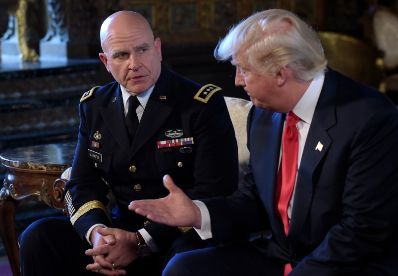 President Donald Trump, right, reaches out to shake hands with Army Lt. Gen. H.R. McMaster, left, at Trump's Mar-a-Lago estate in Palm Beach, Fla., Monday, Feb. 20, 2017, where Trump announced that McMaster will be the new national security adviser. (AP Photo/Susan Walsh)