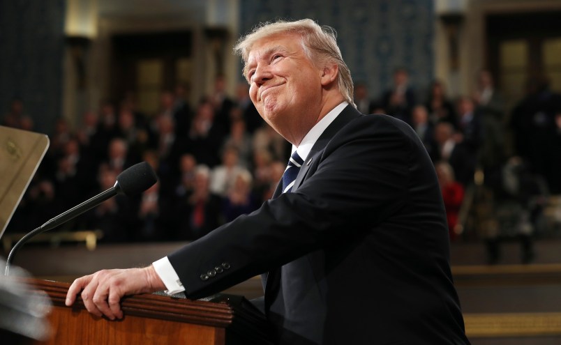 US President Donald J. Trump arrives to deliver his first address to a joint session of Congress from the floor of the House of Representatives in Washington, DC, USA, 28 February 2017.  Traditionally the first address to a joint session of Congress by a newly-elected president is not referred to as a State of the Union.