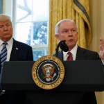 President Donald Trump watches as Vice President Mike Pence administers the oath of office to Attorney General Jeff Sessions, accompanied by his wife Mary, Thursday, Feb. 9, 2017, in the Oval Office of the White House in Washington. (AP Photo/Pablo Martinez Monsivais)