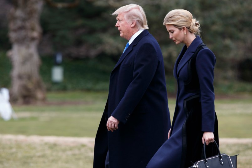 President Donald Trump and his daughter Ivanka walk to board Marine One on the South Lawn of the White House, Wednesday, Feb. 1, 2017, in Washington. (AP Photo/Evan Vucci)
