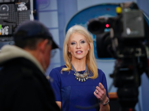 Counselor to the President Kellyanne Conway answers questions during a network television interview in the James Brady Press Briefing Room of the White House in Washington, Monday, Feb. 13, 2017. (AP Photo/Pablo Martinez Monsivais)