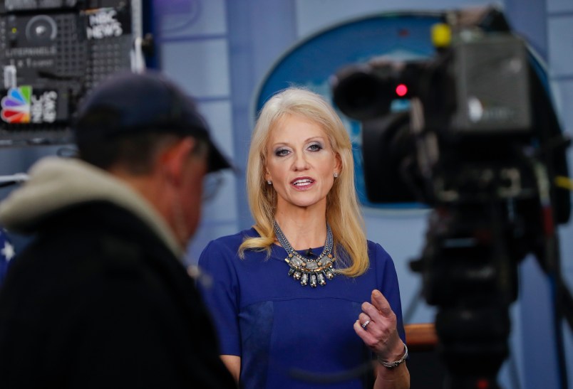 Counselor to the President Kellyanne Conway answers questions during a network television interview in the James Brady Press Briefing Room of the White House in Washington, Monday, Feb. 13, 2017. (AP Photo/Pablo Martinez Monsivais)