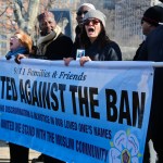 A recently formed group of Sept. 11 families and supporters rally during a press conference, Thursday Feb. 16, 2017, in Battery Park, N.Y. Group spokesman John Sigmund, who lost his sister Johanna Sigmund in the Sept. 11 attacks, said the group "9/11 Families and Friends United Against the Ban," came together two weeks ago ago speak "out against this deplorable Muslim ban that was in the recent executive order by President Trump."(AP Photo/Bebeto Matthews)