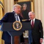 President Donald Trump watches as Vice President Mike Pence administers the oath of office to Attorney General Jeff Sessions, accompanied by his wife Mary, Thursday, Feb. 9, 2017, in the Oval Office of the White House in Washington. (AP Photo/Pablo Martinez Monsivais)