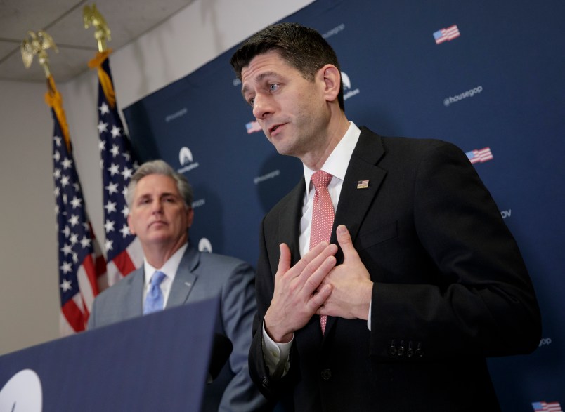 Speaker of the House Paul Ryan, R-Wis., joined from left by, Majority Leader Kevin McCarthy, R-Calif., talks about getting past last week’s failure to pass a health care overhaul bill and rebuilding unity in the Republican Conference, at the Capitol,  in Washington, Tuesday, March 28, 2017.  (AP Photo/J. Scott Applewhite)