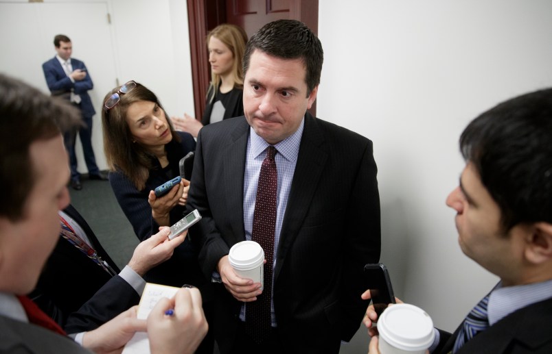 House Intelligence Committee Chairman Devin Nunes, R-Calif., is questioned by reporters on Capitol Hill on the ouster of Michael Flynn, President Trump’s national security adviser, in Washington, Tuesday, Feb. 14, 2017.    (AP Photo/J. Scott Applewhite)