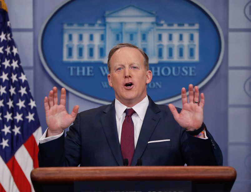 White House Press secretary Sean Spicer speaks to the media during the daily briefing in the Brady Press Briefing Room of the White House, Friday, March 24, 2017. (AP Photo/Pablo Martinez Monsivais)