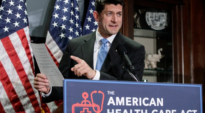 Speaker of the House Paul Ryan, R-Wis., faces reporters as the GOP works on its long-awaited plan to repeal and replace the Affordable Care Act, during a news conference at Republican National Committee Headquarters on Capitol Hill in Washington, Wednesday, March 8, 2017. (AP Photo/J. Scott Applewhite)


Speaker of the House Paul Ryan, R-Wis., 
Majority Leader Kevin McCarthy, R-Calif.,
Majority Whip Steve Scalise, R-La., 
Rep. Cathy McMorris Rodgers, R-Wash., chair of the Republican Conference,