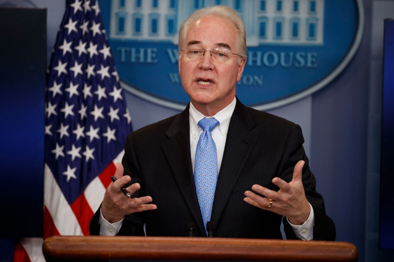 Secretary of Health and Human Services Tom Price speaks during the White House press briefing, Tuesday, March 7, 2017, in Washington. (AP Photo/Evan Vucci)