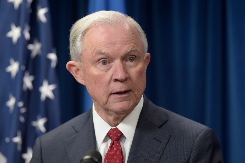 Attorney General Jeff Sessions makes a statement on issues related to visas and travel, Monday, March 6, 2017, from the U.S. Customs and Border Protection office in Washington. (AP Photo/Susan Walsh)