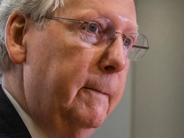 Senate Majority Leader Mitch McConnell of Ky., listens to a reporter's questions during a newsmaker interview at the Associated Press bureau in Washington, Tuesday, Mar. 21, 2017.  (AP Photo/J. David Ake)