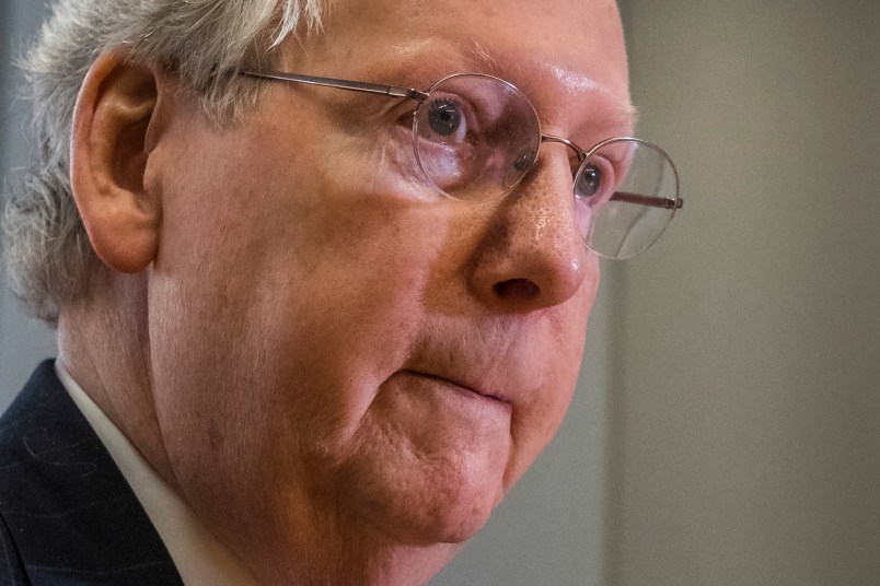Senate Majority Leader Mitch McConnell of Ky., listens to a reporter's questions during a newsmaker interview at the Associated Press bureau in Washington, Tuesday, Mar. 21, 2017.  (AP Photo/J. David Ake)