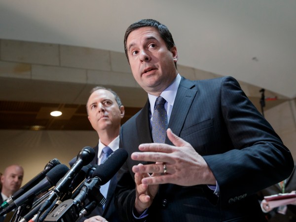 Chairman of the House Permanent Select Committee on Intelligence Devin Nunes, R-Calif., joined at left by Rep. Adam Schiff, D-Calif., the ranking member talk to reporters about their investigation Russian influence on the American presidential election, on Capitol Hill in Washington, Wednesday, March, 15, 2017.  Both lawmakers said thy have no evidence to back up President Trump's claim that former President Barack Obama wiretapped Trump Plaza during the 2016 campaign.  (AP Photo/J. Scott Applewhite)