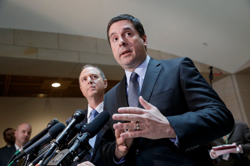 Chairman of the House Permanent Select Committee on Intelligence Devin Nunes, R-Calif., joined at left by Rep. Adam Schiff, D-Calif., the ranking member talk to reporters about their investigation Russian influence on the American presidential election, on Capitol Hill in Washington, Wednesday, March, 15, 2017.  Both lawmakers said thy have no evidence to back up President Trump's claim that former President Barack Obama wiretapped Trump Plaza during the 2016 campaign.  (AP Photo/J. Scott Applewhite)