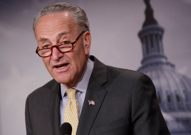 Senate Democratic Leader Chuck Schumer of New York speaks to reporters on Capitol Hill about news reports of Attorney General Jeff Sessions’ contact with Russia's ambassador to the United States during the presidential campaign, on Capitol Hill in Washington, Thursday, March 2, 2017. The revelation is spurring growing calls in Congress in both parties for him to recuse himself from an investigation into Russian interference in the U.S. election.  (AP Photo/J. Scott Applewhite)