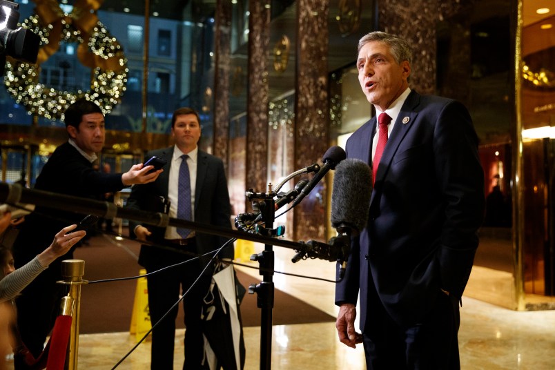 Rep. Lou Barletta, R-Pa., talks with reporters after a meeting with President-elect Donald Trump at Trump Tower, Tuesday, Nov. 29, 2016, in New York. (AP Photo/Evan Vucci)