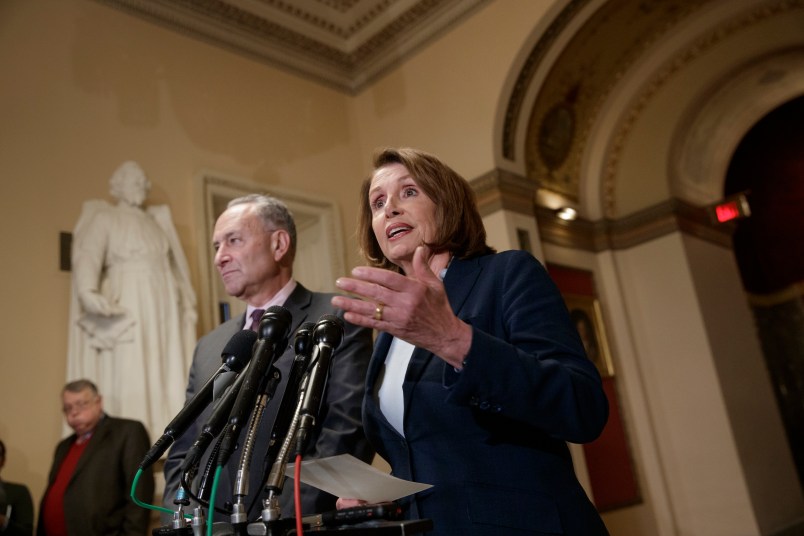 House Democratic Leader Nancy Pelosi of California, and Senate Democratic Leader Chuck Schumer of New York speak to reporters about the Congressional Budget Office projection that 14 million people would lose health coverage under the House Republican bill dismantling former President Barack Obama's health care law, on Capitol Hill in Washington, Monday, March, 13, 2017.  (AP Photo/J. Scott Applewhite)