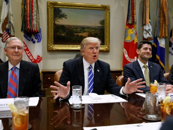 President Donald Trump speaks during a meeting with House and Senate leadership in the Roosevelt Room of the White House, Wednesday, March 1, 2017, in Washington. From left, Senate Majority Leader Mitch McConnell, R-Ky., Trump, and Speaker of the House Paul Ryan, R- Wis. (AP Photo/Evan Vucci)
