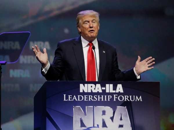 Republican presidential candidate Donald Trump speaks at the National Rifle Association convention Friday, May 20, 2016, in Louisville, Ky. (AP Photo/Mark Humphrey)