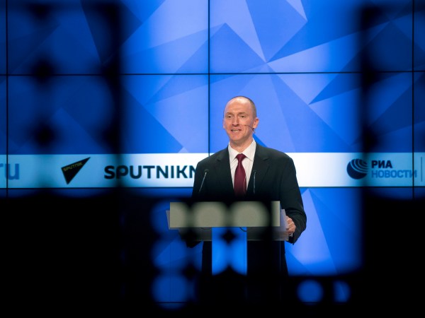 Carter Page, a former foreign policy adviser of U.S. President-elect Donald Trump, speaks at a news conference at RIA Novosti news agency in Moscow, Russia, Monday, Dec. 12, 2016. Page said he was in Moscow on a visit to meet with businessmen and politicians. (AP Photo/Pavel Golovkin)