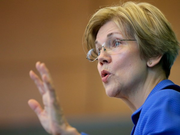 U.S. Sen. Elizabeth Warren, D-Mass., addresses business leaders during a New England Council luncheon at a hotel, Monday, March 27, 2017, in Boston. (AP Photo/Steven Senne)