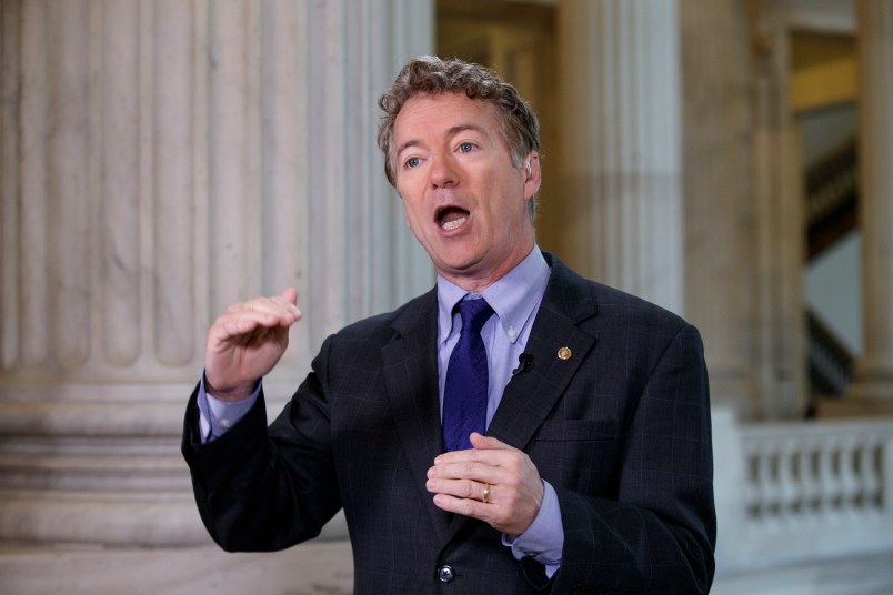 Sen. Rand Paul, R-Ky., criticizes the House Republican healthcare reform plan as “Obamacare light” during a television interview on Capitol Hill in Washington, Tuesday, March 7, 2017. (AP Photo/J. Scott Applewhite)