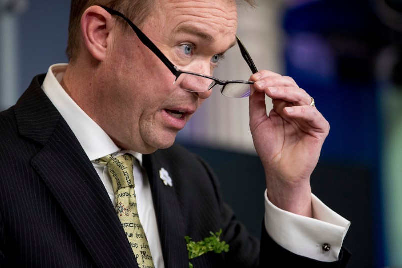 Budget Director Mick Mulvaney speaks about the Trump Administration's budget proposal during daily press briefing at the White House, Thursday, March 16, 2017, in Washington. (AP Photo/Andrew Harnik)