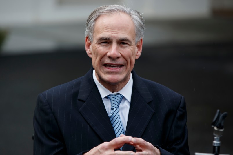 Gov. Greg Abbott, R-Texas, talks to reporters after meeting with President Donald Trump at the White House, Friday, March 24, 2017, in Washington. (AP Photo/Evan Vucci)
