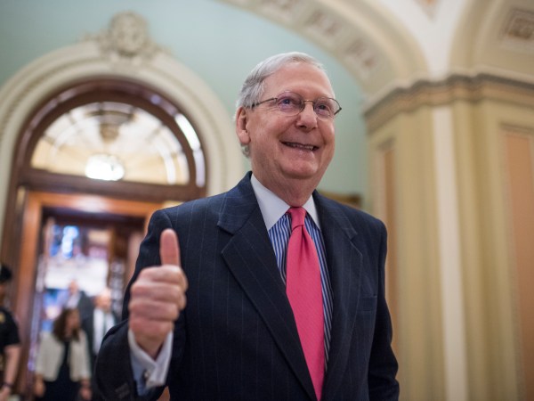 UNITED STATES - APRIL 6: Senate Majority Leader Mitch McConnell, R-Ky., gives a thumbs up after the Senate invoked the "nuclear option" which will allow for a majority vote to confirm a Supreme Court justice nominee, April 6, 2017. The vote for nominee Neil Gorsuch is scheduled for Friday. (Photo By Tom Williams/CQ Roll Call)