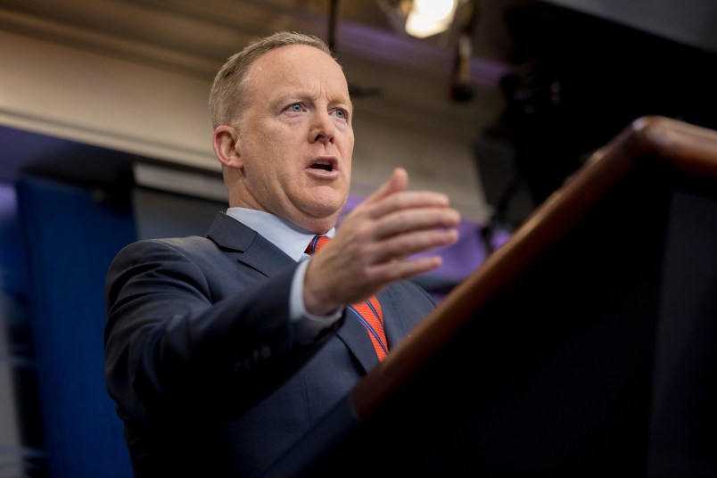 White House press secretary Sean Spicer talks to the media during the daily press briefing at the White House, Tuesday, April 11, 2017, in Washington. Spicer discussed Syria, Trump's 2016 tax returns, the Easter Egg Roll and other topics. (AP Photo/Andrew Harnik)