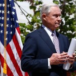 After answering questions, Attorney General Jeff Sessions leaves a press conference after touring the U.S.-Mexico border with border officials Tuesday, April 11, 2017, in Nogales, Ariz.  Sessions announced making immigration enforcement a key Justice Department priority, saying he will speed up deportations of immigrants in the country illegally who were convicted of federal crimes. (AP Photo/Ross D. Franklin)