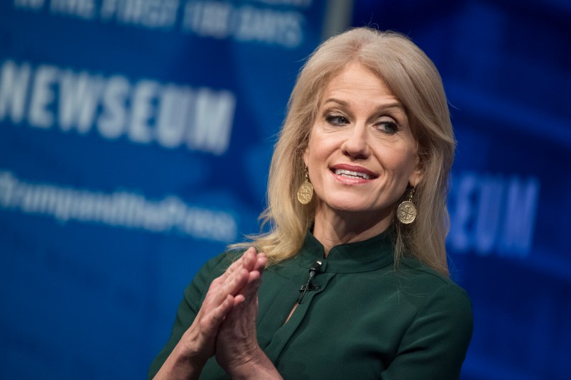 UNITED STATES - APRIL 11: White House adviser Kellyanne Conway is interviewed by Michael Wolff during a discussion at the Newseum titled “The President and the Press: The First Amendment in the First 100 Days,” on April 12, 2017. (Photo By Tom Williams/CQ Roll Call)