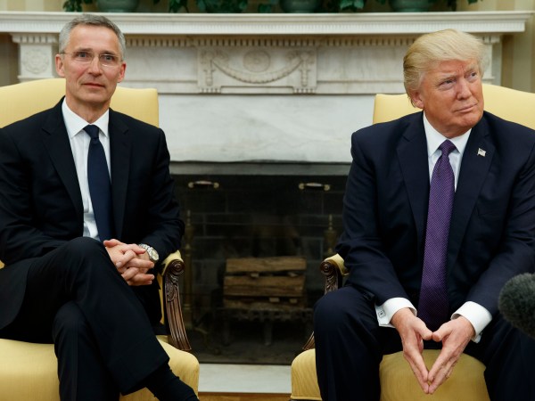 President Donald Trump meets with NATO Secretary General Jens Stoltenberg in the Oval Office of the White House, Wednesday, April 12, 2017, in Washington. (AP Photo/Evan Vucci)