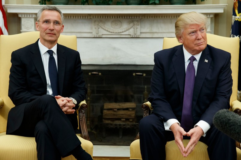 President Donald Trump meets with NATO Secretary General Jens Stoltenberg in the Oval Office of the White House, Wednesday, April 12, 2017, in Washington. (AP Photo/Evan Vucci)