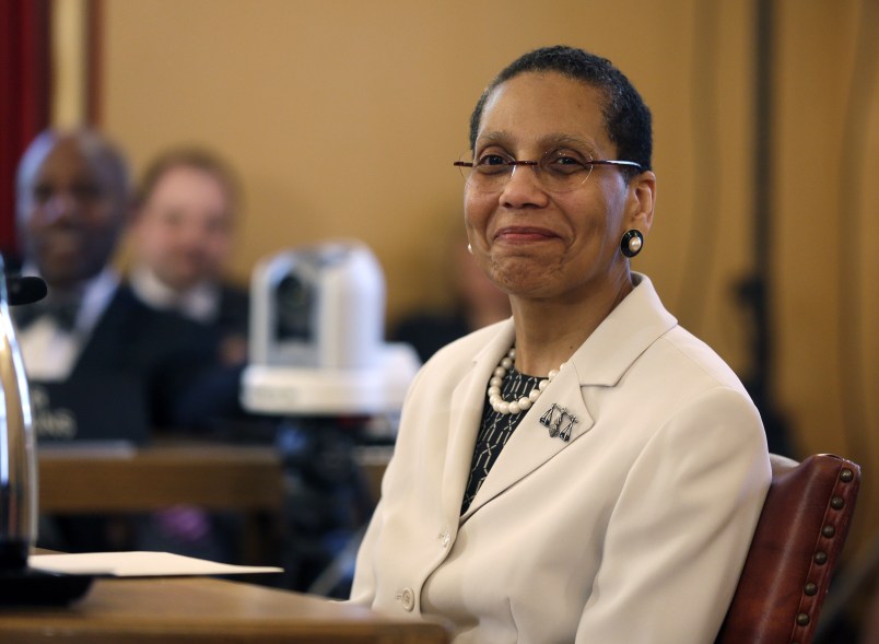 FILE- In this April 30, 2013 file photo, Justice Sheila Abdus-Salaam looks on as members of the state Senate Judiciary Committee vote unanimously to advance her nomination to fill a vacancy on the Court of Appeals at the Capitol in Albany, N.Y. The New York City Police Department confirmed that Abdus-Salaam's body was found on the shore of the Hudson River off Manhattan on Wednesday, April 12, 2017. (AP Photo/Mike Groll, File)