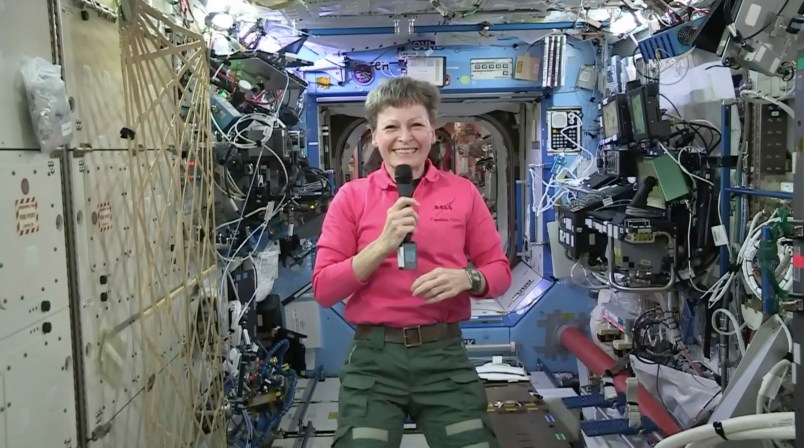 In this Thursday, April 13, 2017 image made from video provided by NASA, astronaut Peggy Whitson speaks during an interview aboard the International Space Station. (NASA via AP)