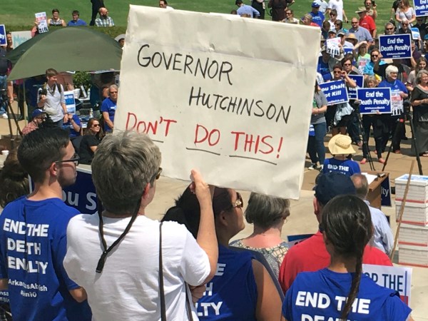 Protesters gather outside the state Capitol building on Friday, April 14, 2017, in Little Rock, Ark., to voice their opposition to Gov. Asa Hutchinson’s plan to put seven men to death between April 17, and April 27, 2017. Hundreds showed up for the rally. (AP Photo/Kelly P. Kissel)