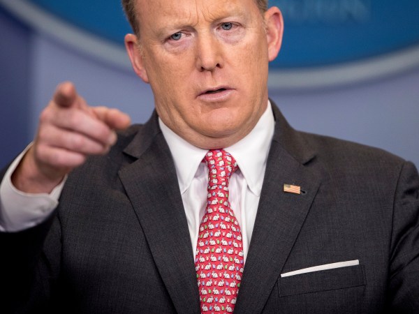 White House press secretary Sean Spicer wears an easter bunny tie as he talks to the media during the daily press briefing at the White House, Monday, April 17, 2017, in Washington. Spicer discussed the president's tax returns, policy on White House visitor logs and other topics. (AP Photo/Andrew Harnik)