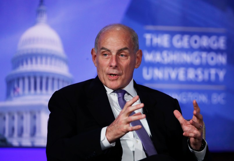 Department of Homeland Security Secretary John Kelly participates in a moderated discussion with Director of the Center for Cyber and Homeland Security Frank Cilluffo at George Washington University in Washington, Tuesday, April 18, 2017.  (AP Photo/Manuel Balce Ceneta)